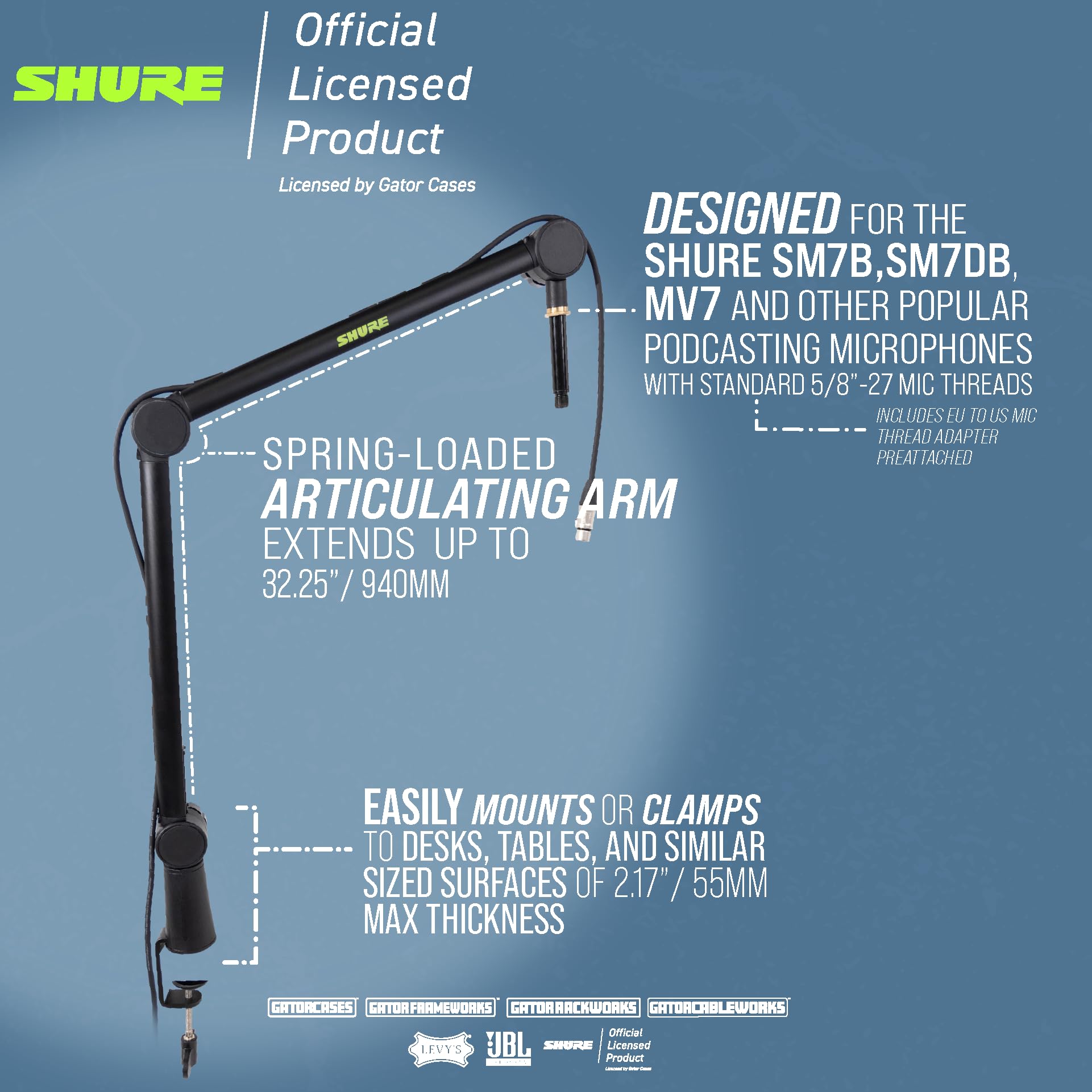 Shure by Gator Deluxe Articulating Desktop Podcasting Mic Boom Arm with Cable Management Channel; (SH-BROADCAST1)